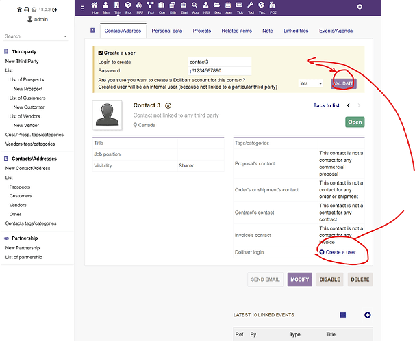 creating a Dolibar User for a Contact