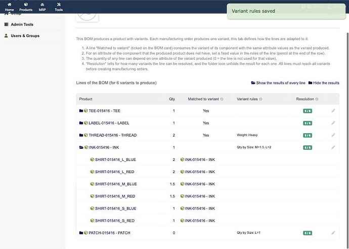 BOM showing variants outcomes