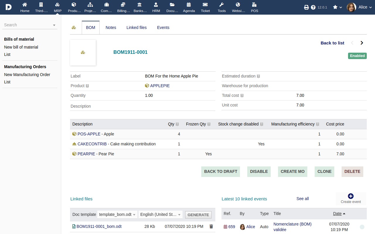 Screenshot of a Bill Of Materials (BOM) in Dolibarr