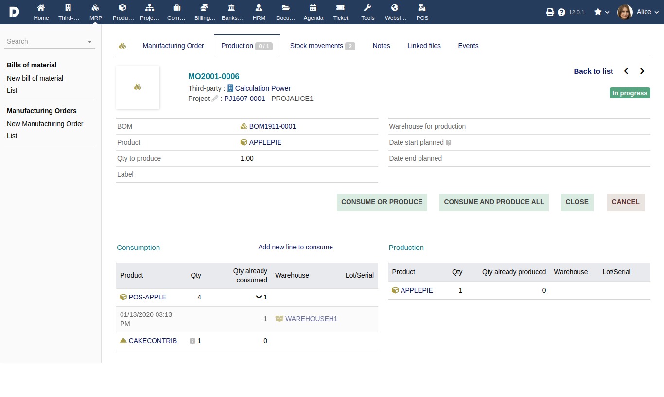 Screenshot of a Manufacturing Order (MO) in Dolibarr